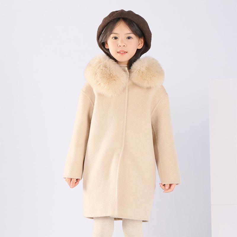 子供服 ウールコート 女の子 中綿コート ミドル丈 取り外し可能 フォックスファー襟 厚手 秋冬 防寒 ベージュ系 100cm 110cm 120cm 130cm 140cm 150cm 160cm|シャドーテール
