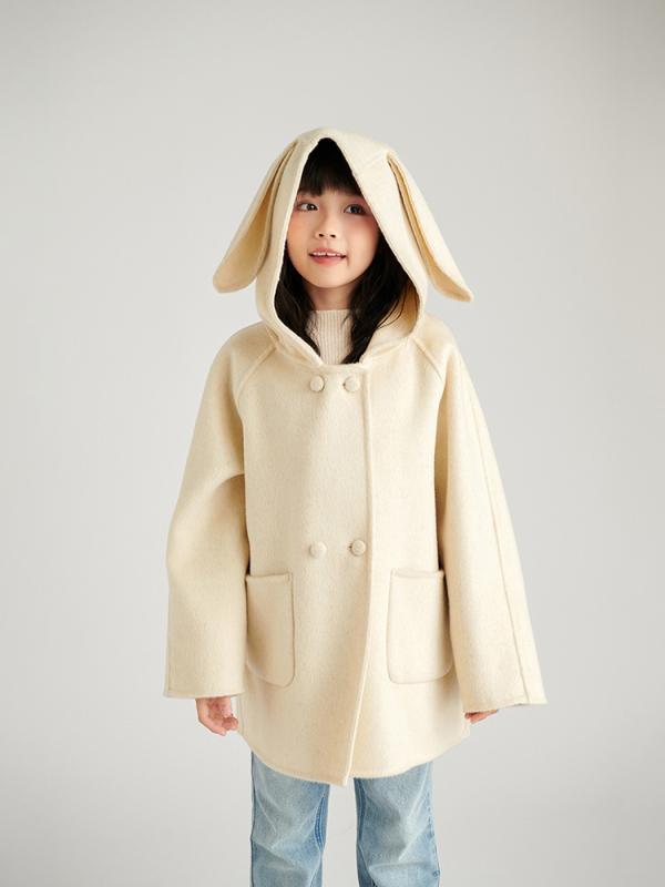 子供服 女の子 ウール コート アウター 秋冬 女児 ベビー かわいい ウサギ耳 フード付き 厚手 ピュアウール 無地 イエロー ホワイト 100cm 110cm 120cm 130cm 140cm 150cm 160cm|シャドーテール