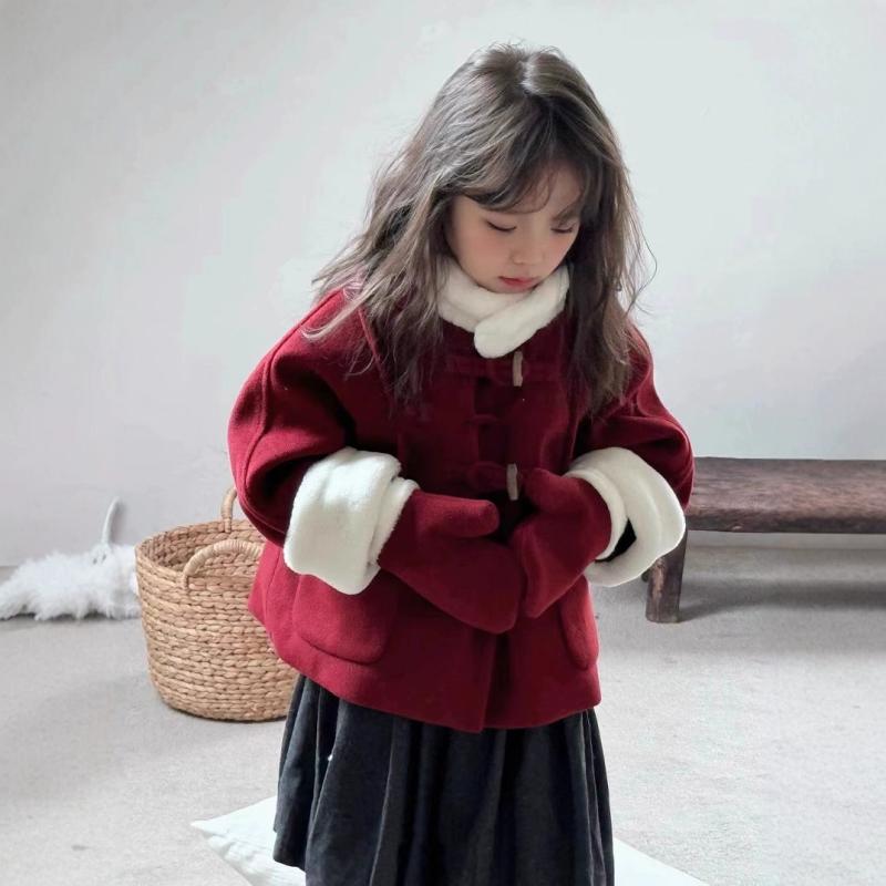 子供服 アウター 女の子 ウールコート 厚手 暖か 牛角ボタン 手袋付き 秋冬 かわいい ガールズ ウール ジャケット ジャンパー キッズ 防寒 おしゃれ着 通園 通学