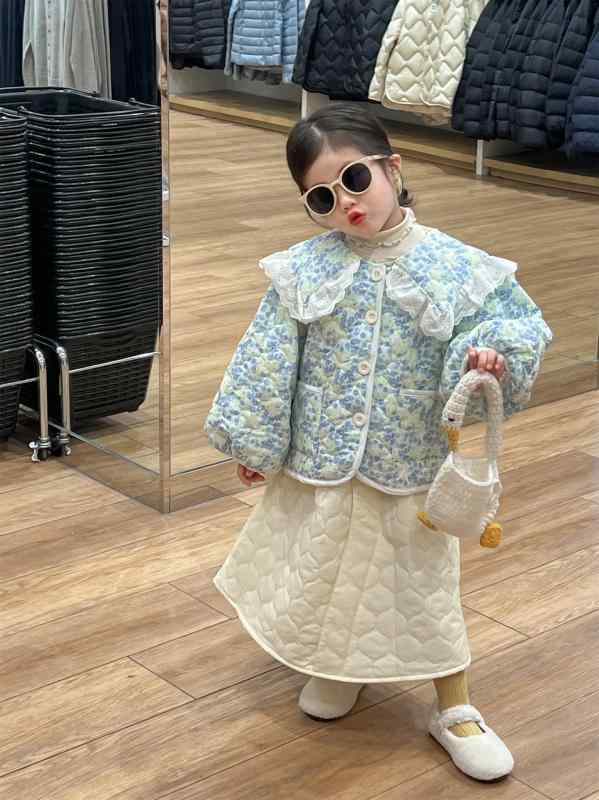 子供服 女の子 花柄 コート ブルー系 小花柄 フリル襟 裏起毛 コットン ジャケット アウター 防寒 90cm 100cm 110cm 120cm 130cm 140cm