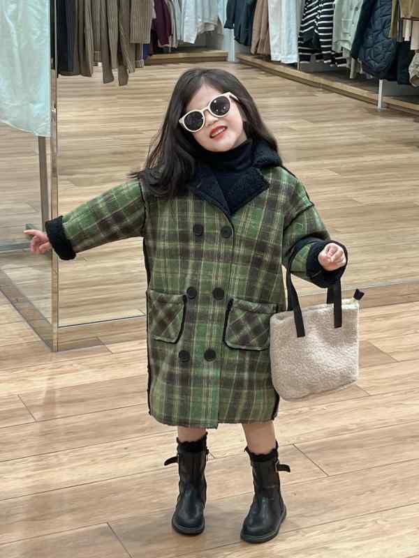 子供服 アウター 女の子 冬 格子柄 ウール コート 裏起毛 厚手 ダブルブレスト ミドル丈 ゆったり 普段着 おしゃれ かわいい 緑 90 100 110 120 130 140