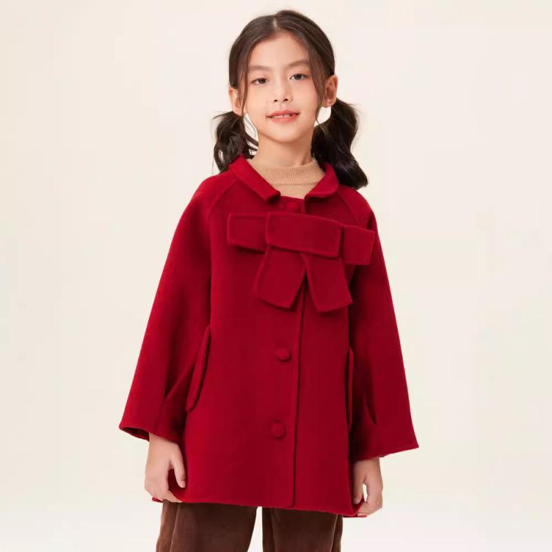 厚地の外套 キッズ うしろ帯 羊毛 秋冬 赤ちゃん服 新年 赤いこと アウター ダブル人間の顔 可愛らしい 襟付き添い人 真っただ中丈 窈窕たる ガーリー お出かけ