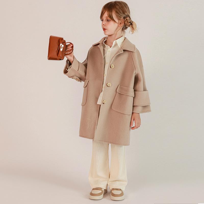 小わっぱ服 御嬢さん 絨毛厚地の外套 中長丈 キッズ ダブル人間の顔 絨毛 アウター 朦朦たる 秋冬 無地 お人形さんのど首 赤いこと 黒いこと 象牙色 駱駝 キッズ・ベビー・マタニティ-コート・ジャケット-キッズファッション