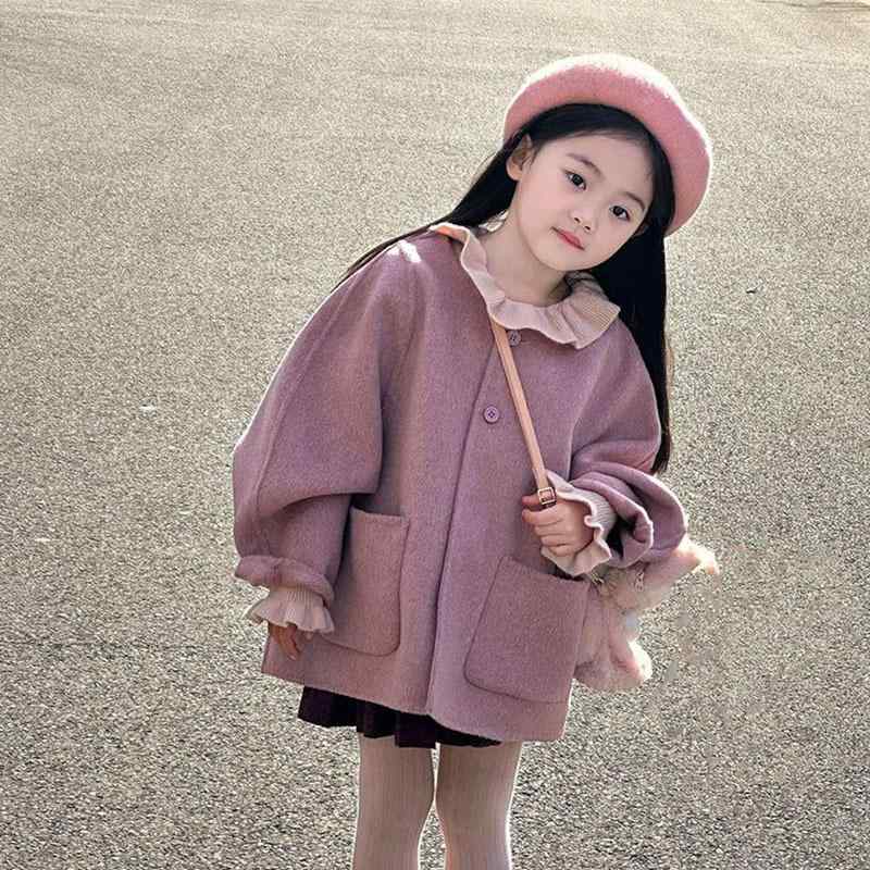子供服 女の子用 ウールコート 冬物 アウター カジュアル 無地 厚手 パープル系 90 100 110 120 130 140