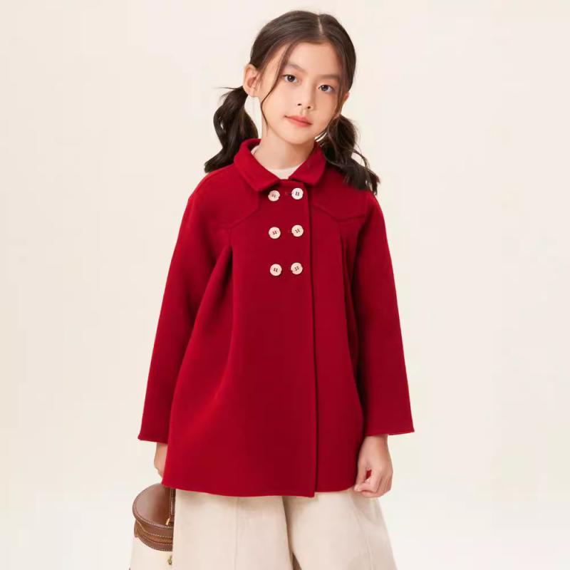 子供服 コート 秋冬 女の子 ウール アウター ダブルフェイス ミドル丈 無地 カジュアル 上品 かわいい アイボリー 赤 110 120 130 140 150