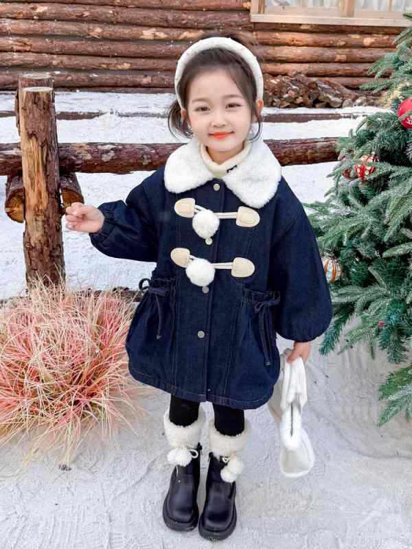 子供服 デニムジャケット ガールズ 厚手 中綿 コート 秋冬 女の子 アウター ジャンパー 裏起毛 襟付き ミドル丈 深青