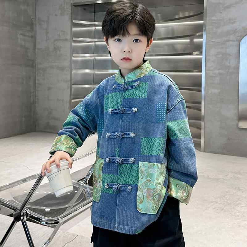 子供服 ジャケット 男の子 デニムジャケット 春秋 国風 切り替え 長袖 アウター コート ボーイズ 子供 キッズ 普段着 おしゃれ 100cm 110cm 120cm 130cm 140cm 150cm 160cm 170cm
