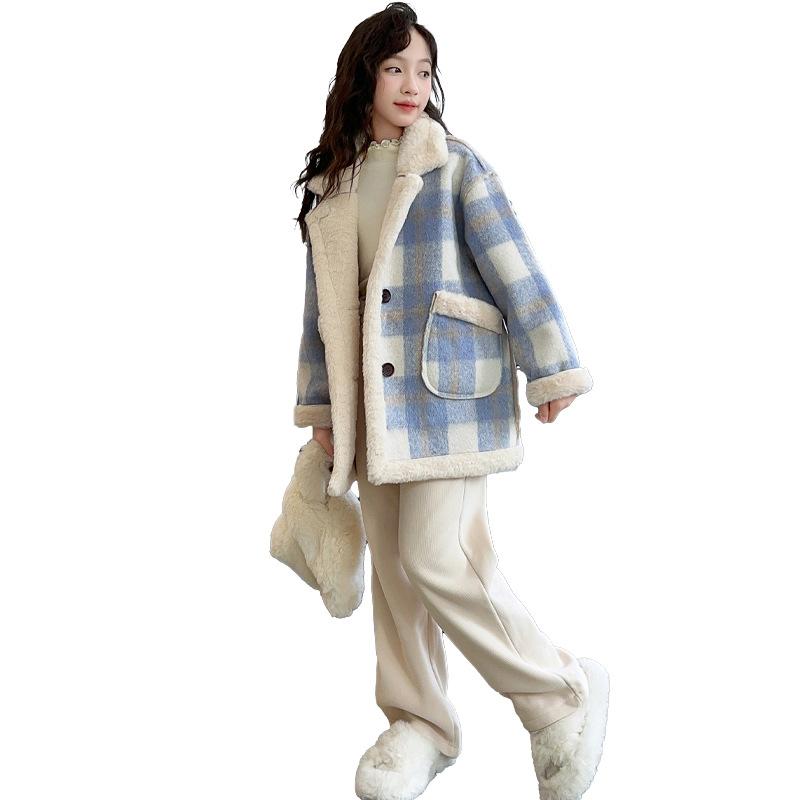 子供服 コート 女の子 チェック柄 ウール アウター 秋冬 厚手 暖かい 韓国風 ガールズ ダブルボタン ミドル丈 裏地付き ポリエステル 赤 青