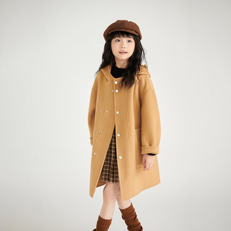 赤ちゃん服 アウター 秋冬 羊毛 厚地の外套 ボンネット付き添い人 両面 男女兼用 無地 朦々たる 真っただ中丈 イエローキャメル ベージュ 黒いこと 赤いこと 100糎 110糎 120糎 130糎 140糎 150糎 160糎