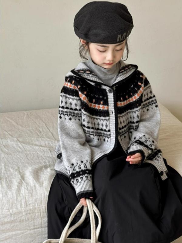 子供用ニットカーディガン フード付き 春物 子供 慵懶風 フェアアイル柄 セーター 大童 女の子 かわいい ストライプ