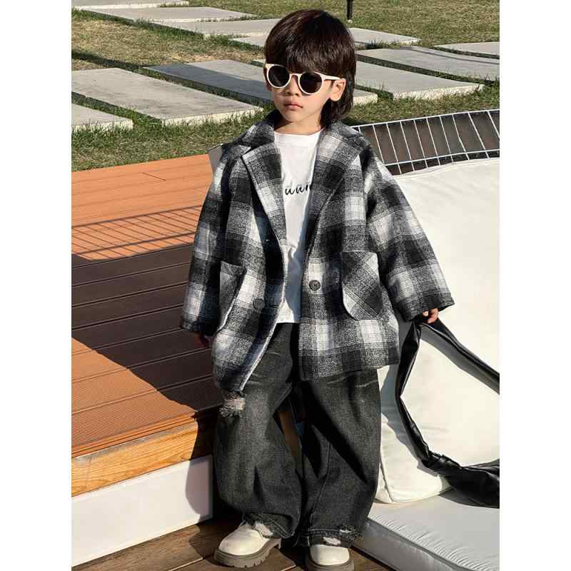 子供服 男の子用ウールコート チェック柄 Vネック 春秋 中長丈 アウター 普段使い 通園 通学