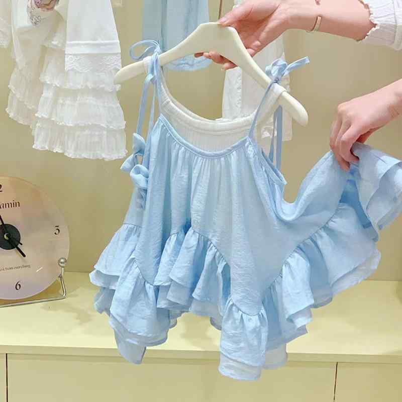 子供服 女の子 ワンピース キャミソールワンピース 夏 Aライン 魚尾スカート コットン混紡 かわいい おしゃれ ブルー ホワイト系 80cm 90cm 100cm 110cm 120cm 130cm 140cm 150cm
