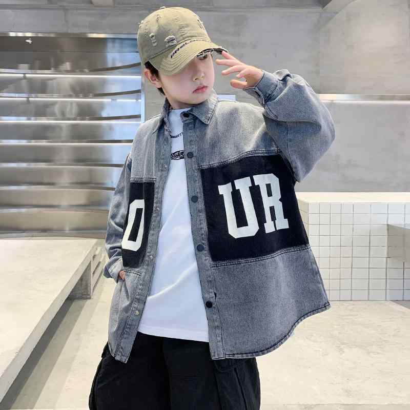 子供服 デニム ジャケット 長袖 シャツ 男の子 ボーイズ 春秋 中厚手 普段着 グレー