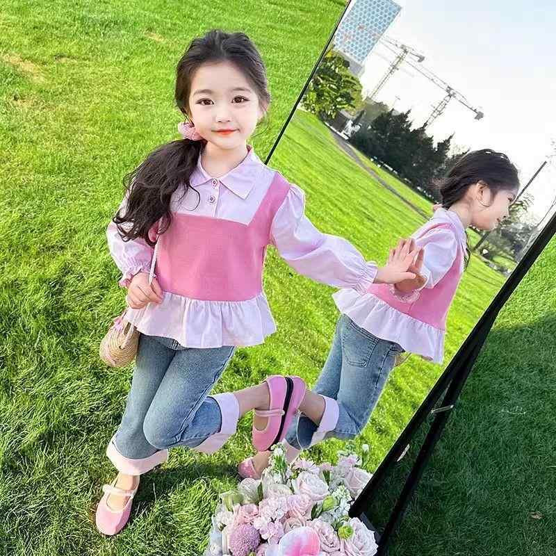 シャツ ガールズ 春秋物 子供服 韓国風 デニムパンツ セットアップ ピンク系 グリーン コットン 長袖 かわいい おしゃれ 4,556円