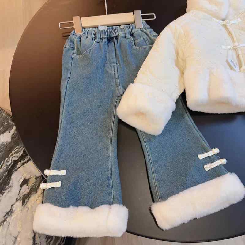 子供服 セットアップ ガールズ 冬物 裏起毛 中綿入り ジャケット デニムパンツ 2点セット 防寒 90cm 100cm 110cm 120cm 130cm 140cm
