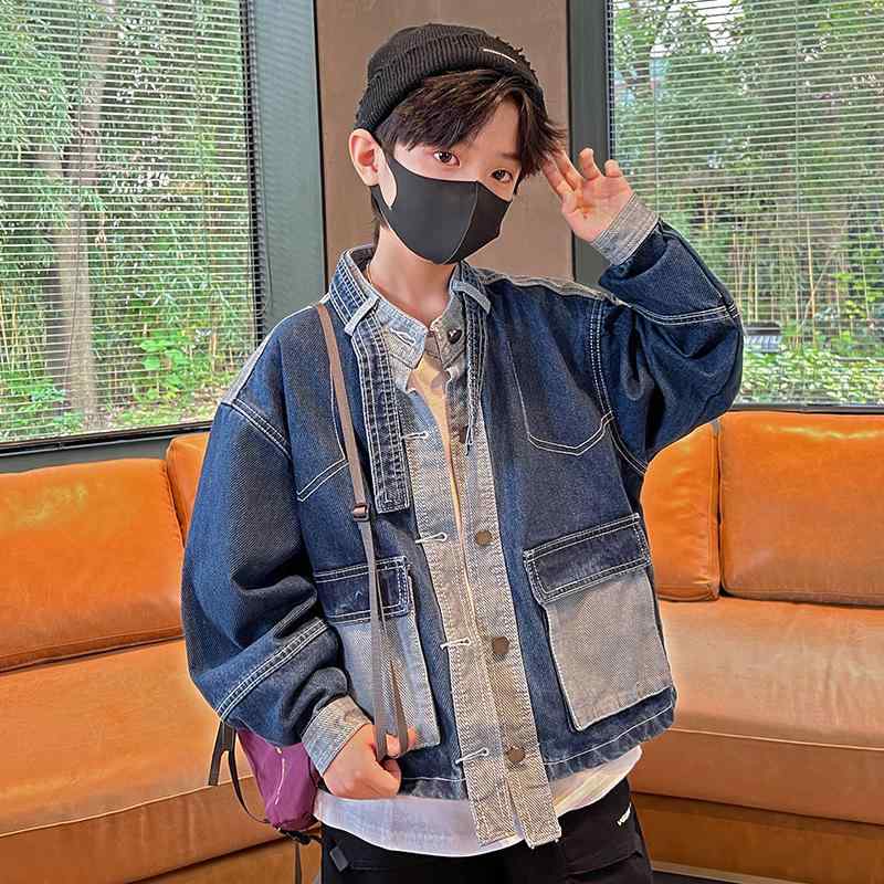 キッズ 男の子 デニムジャケット 立襟 長袖 子供服 ブルゾン アウター トップス ボーイズ 秋物 無地 普段着 ショート丈 お洒落 70%綿