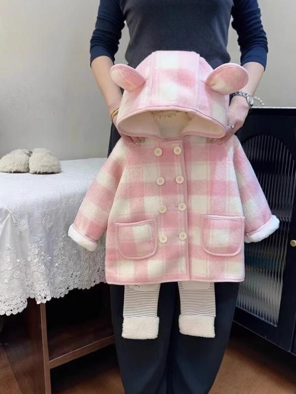 子供服 アウター 女の子 皮毛一体 コート 秋冬 ベビー服 裏起毛 厚手 チェック柄 立襟 90 100 110 120 130 140 ピンク系 あったか かわいい 普段使い お出かけ