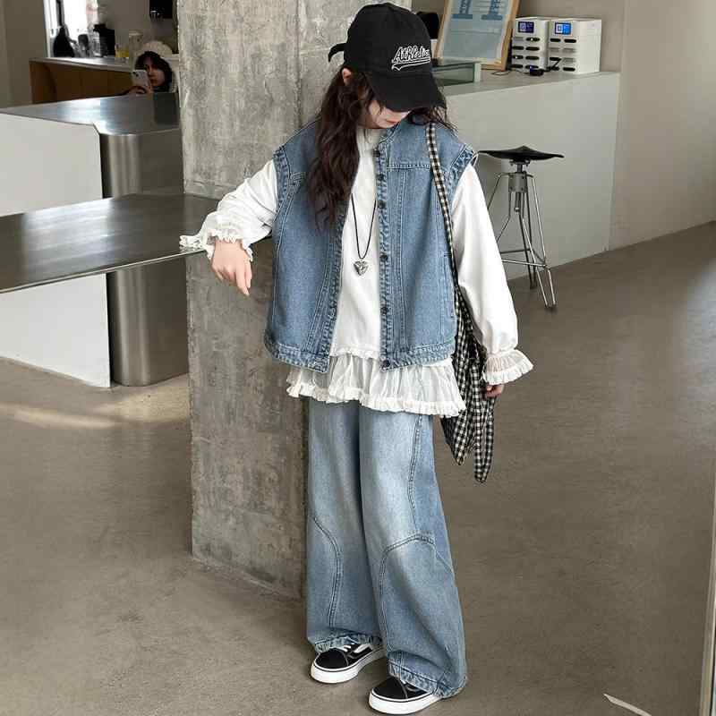 子供服 女の子 デニムベスト 3点セット 春秋 長袖トップス 長ズボン かわいい おしゃれ ガールズ セットアップ 普段着 通園 通学