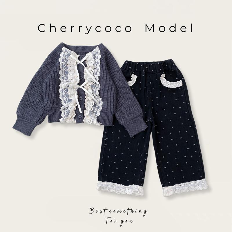 キッズ 女の子 ニット カーディガン デニムパンツ 2点セット レース 花柄 長袖 パンツ セットアップ 子供服 かわいい 秋 冬 4,576円