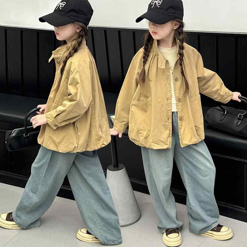 子供服 ジャケット 女の子 春秋 子供用 アウター 韓国風 ガールズ トレンチコート ショート丈 長袖 薄手 ゆったり かわいい おしゃれ イエロー 120cm 130cm 140cm 150cm 160cm 170cm