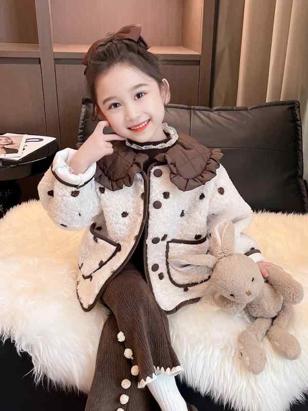 子供服 アウター 女の子 ボアジャケット 韓国風 ショート丈 コート 丸襟 ドット柄 裏起毛 厚手 防寒 秋冬 ベージュ ブラウン 90 100 110 120 130 140cm 5,589円