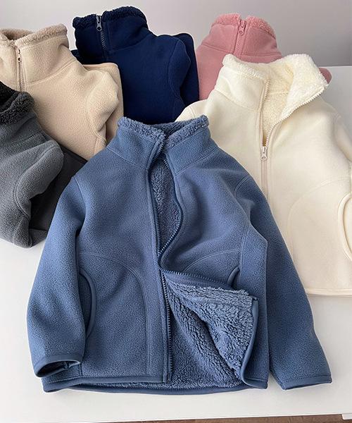 子供服 アウター ジャケット 男女兼用 キッズ 立襟 フリース ジャケット 厚手 ジップアップ ジャンパー 保温 防寒 ボア 上着 カーキ 軍緑 ダークグレー 紺色 スモーキーピンク ダークブラウン オフホワイト 深青