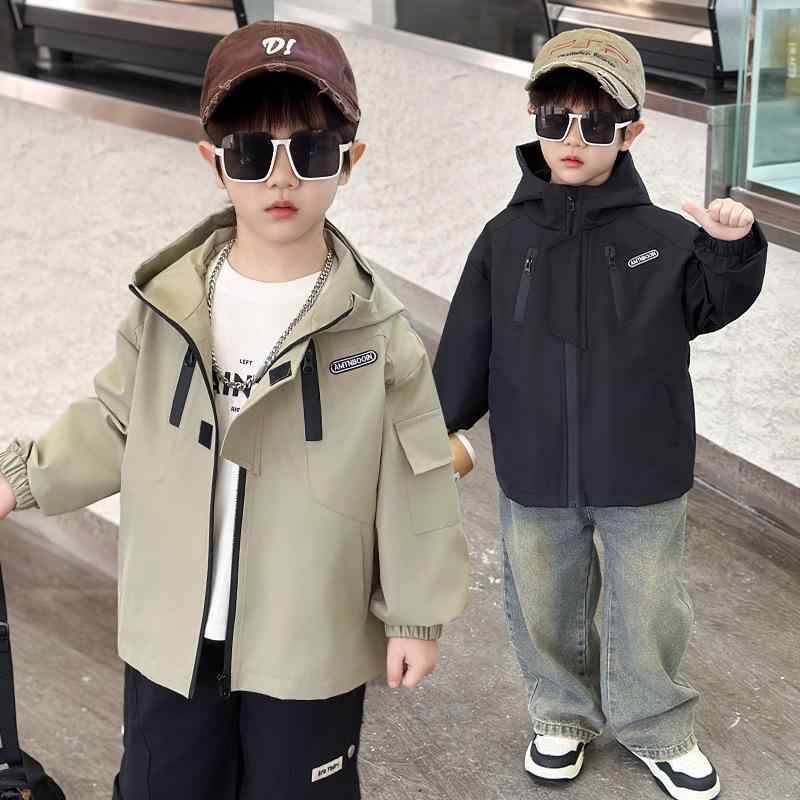 キッズ アウター 子供用 秋冬 防風ジャケット ボーイズ 男の子 撥水加工 フード付き ジャンパー 中長丈 通園 通学 普段着 ブラック 黒 アプリコット