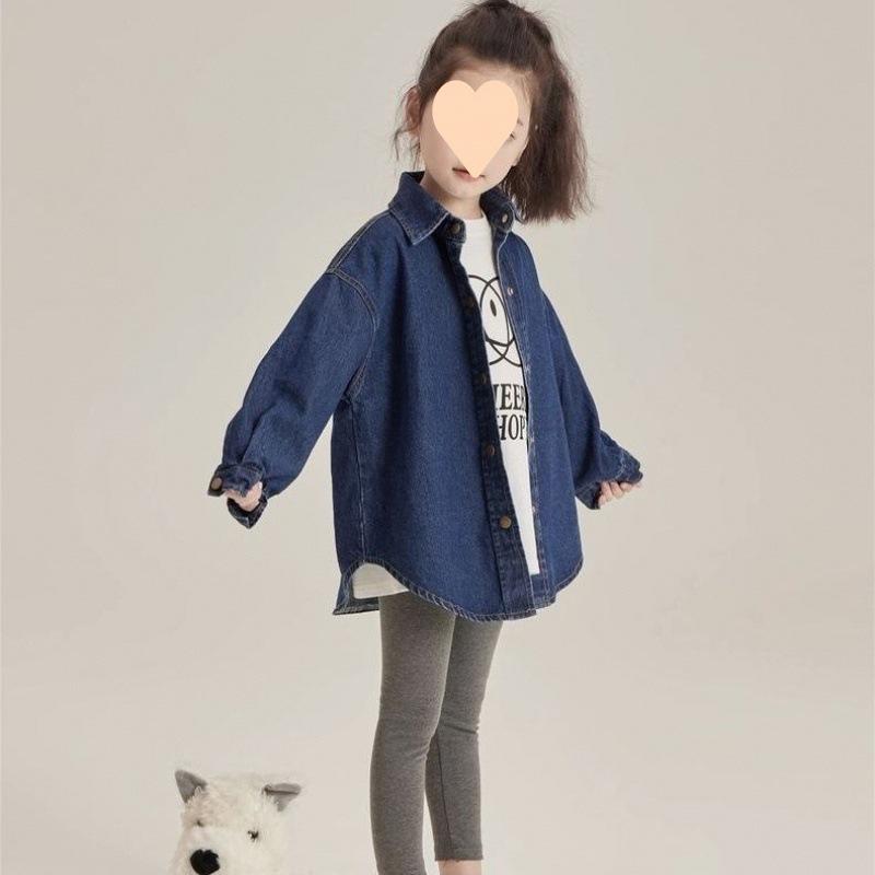 子供用シャツ 女の子 デニムシャツ ウォッシュ加工 コットン 長袖 アウター カジュアル 普段使い ゆったり 深い青色