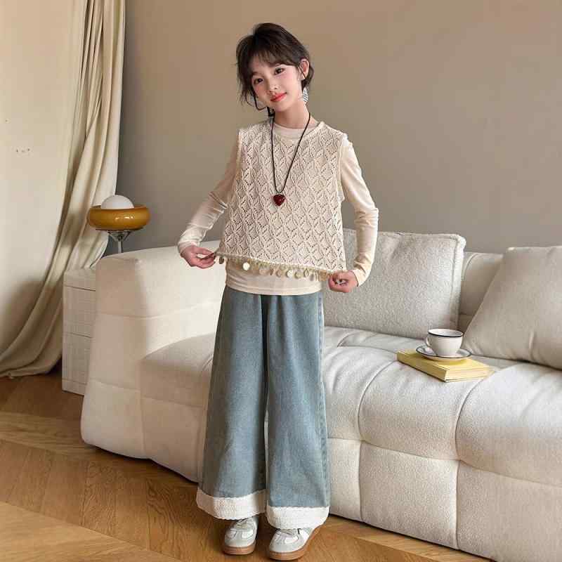 子供服 女の子 春秋 ニットベスト トップス デニム ワイドパンツ 3点セット かわいい ガールズ セットアップ 普段着 通学着