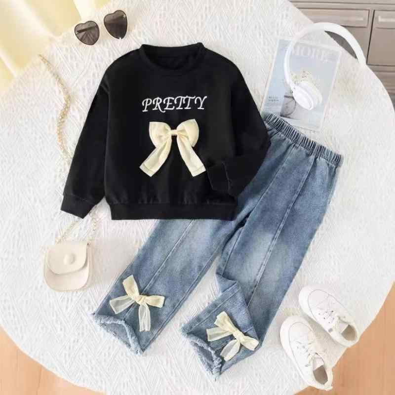 子供服ガールズ 長袖トップス デニムパンツ 上下セット 秋冬 2点セット 綿 無地 アルファベット バタフライ かわいい 普段着