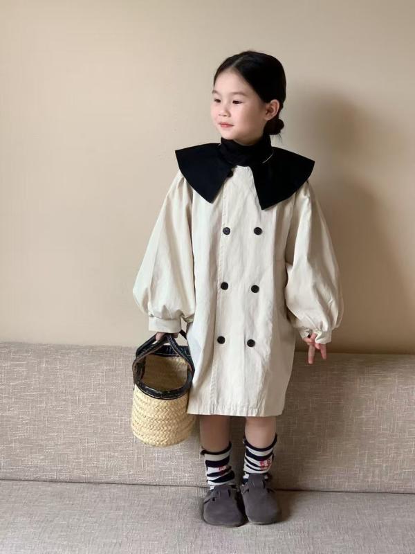 子供服 ガールズ 韓国風 トレンチコート 中丈 ダブルブレスト パフスリーブ コットン ブレンド 普段着 通学 秋
