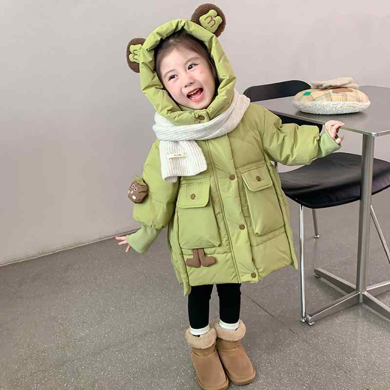 子供服 ガールズ ダウンジャケット 冬 中綿入り 厚手 ロング丈 アウター 韓国風 かわいい 普段使い 防寒 100cm 110cm 120cm 130cm 140cm グリーン