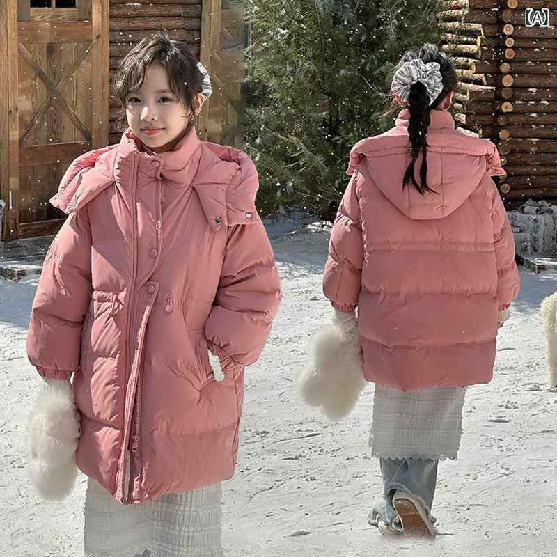 小わっぱ服 落ち込む上衣 御嬢さん 中綿 厚地の外套 秋冬 アウター ロング丈 ボンネット付き添い人 ガールズ お召しもの ゆったり 愛くるしい 防寒 朦朦たる さくら色 水色 120珊 130珊 140珊 150珊 160珊 170珊 コート・ジャケット-キッズファッション