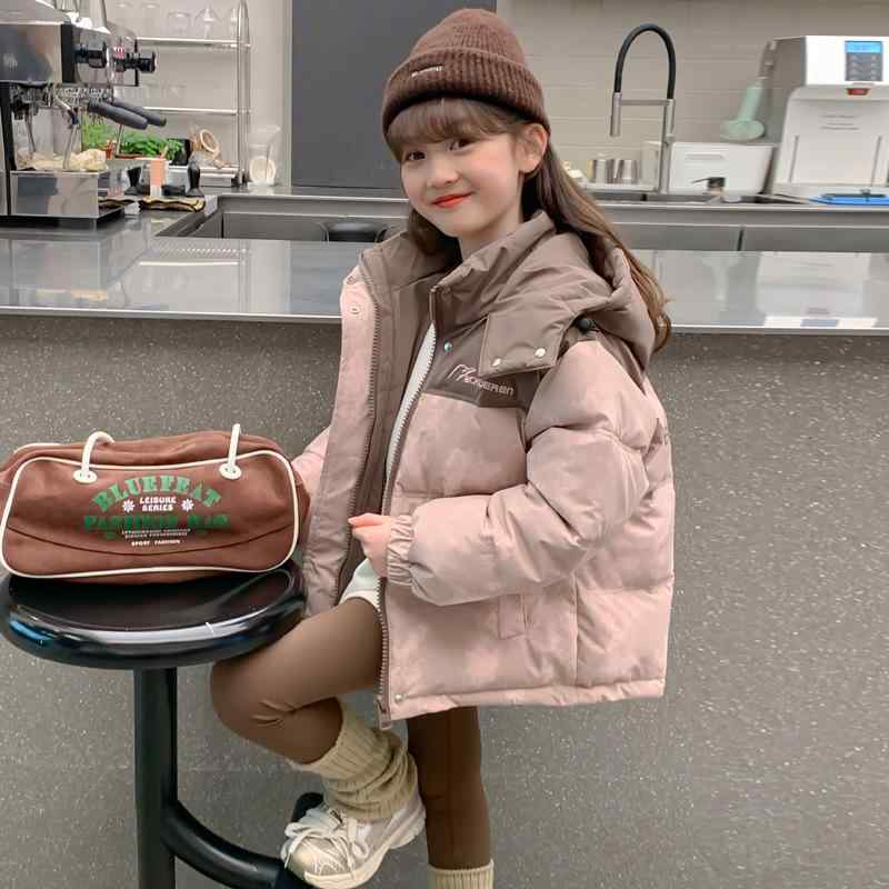 子供服 ガールズ 冬用コットンジャケット アウター 女の子 冬服 厚手 フード付き 配色 ダウン風ジャケット 110cm 120cm 130cm 140cm 150cm 160cm