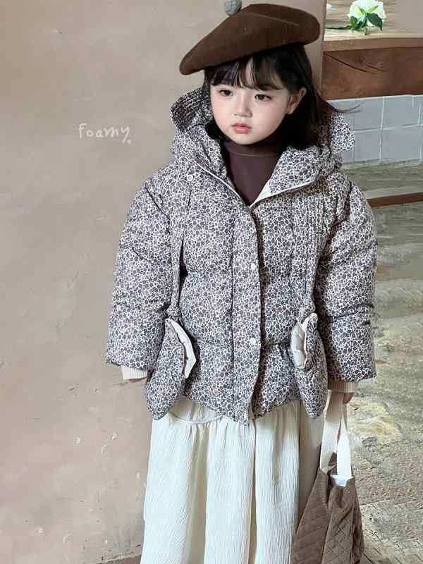 小わっぱ服 ガールズ 落ち込む上衣 秋冬 白ダックダウン 花柄 ボンネット付き添い人 グローブ付き添い人 落ち込む アウター 90 100 110 120 130 浪花節的 愛くるしい 生あたたかい 防寒 コート・ジャケット-キッズファッション-キッズ・ベビー・マタニティ