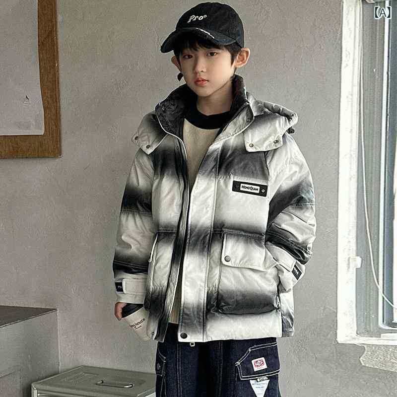 子供用 ダウンジャケット 男の子 冬 中綿入り フード付き グラデーション 厚手 防寒 120cm 130cm 140cm 150cm 160cm 170cm ブラック カーキ 普段使い アウトドア