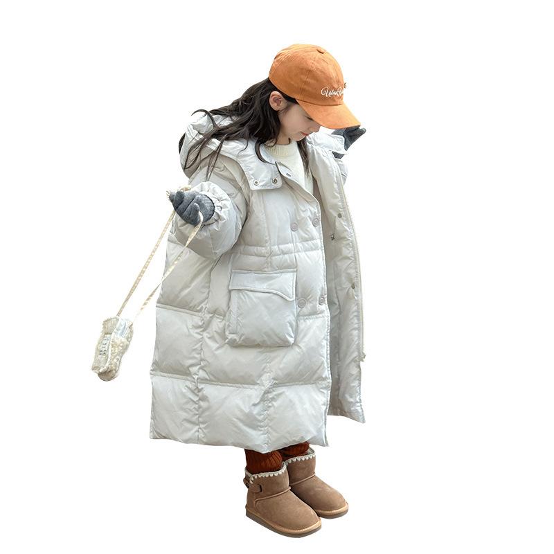 子供服 ガールズ ダウンジャケット 秋冬 ロング丈 厚手 白ダックダウン 中綿 防寒 撥水 スポーツ かわいい 冷灰白 イエロー 100cm 110cm 120cm 130cm 140cm 150cm 160cm|シャドーテール