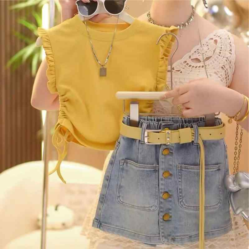 子供服 女の子 夏物 セットアップ ノースリーブ デニムスカート パンツ 2点セット かわいい おしゃれ 薄手 綿