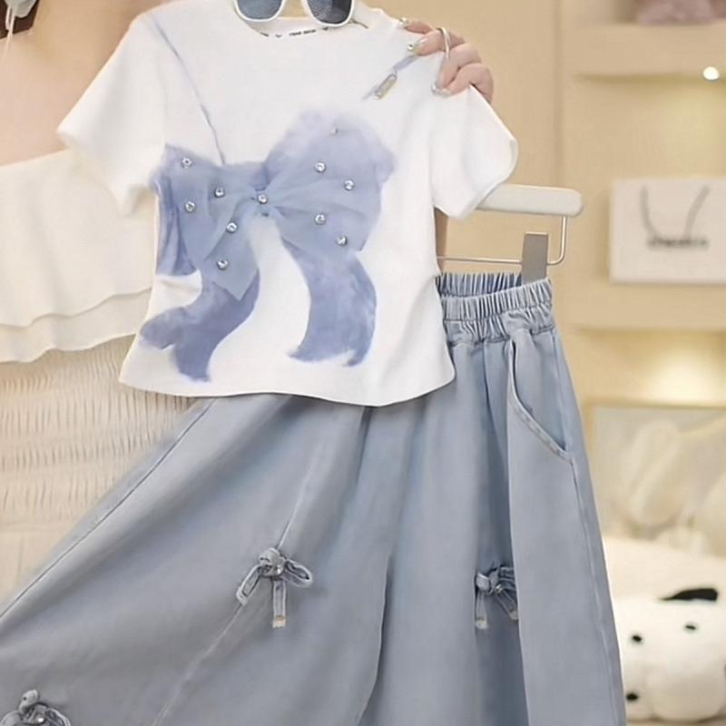 キッズ ガールズ Tシャツ デニムスカート セットアップ 春夏 半袖 丸首 蝶結び 無地 140cm 150cm 160cm 170cm かわいい おしゃれ