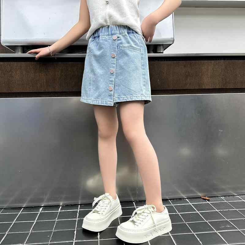 子供服 パンツ スカート付きパンツ 女児 夏用 薄手 デニム 中大童 カジュアル スポーツ 普段使い 伸縮性 通気性 快適性 ブルー