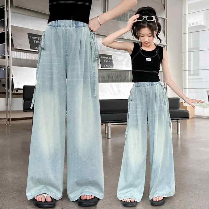 子供服 女の子 ワイドパンツ デニム キュロット ロングパンツ ガールズ ゆったり 接触冷感 パンツ ズボン 涼しい サマーパンツ 薄手 春夏 ブルージーンズ