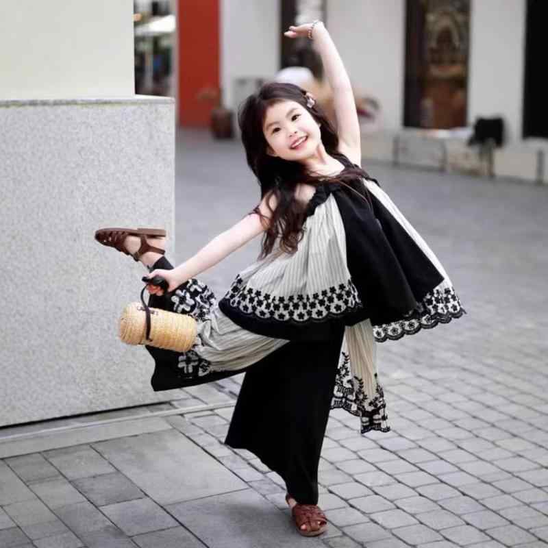 小わっぱ服 御嬢さん 夏物 セットアップ フレンチ目論む ノースリーブ トップス ワイドレッグパンツ 綿混 薄っぺら 100 110 120 130 140 150 160