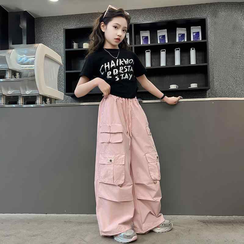 子供服 女の子 夏 薄手 半袖 & カーゴパンツ 上下セット ガールズ キッズ アルファベット柄 プリント 普段着 部屋着 アウトドア ブラック ピンク系 ホワイト 110cm 120cm 130cm 140cm 150cm 160cm 170cm