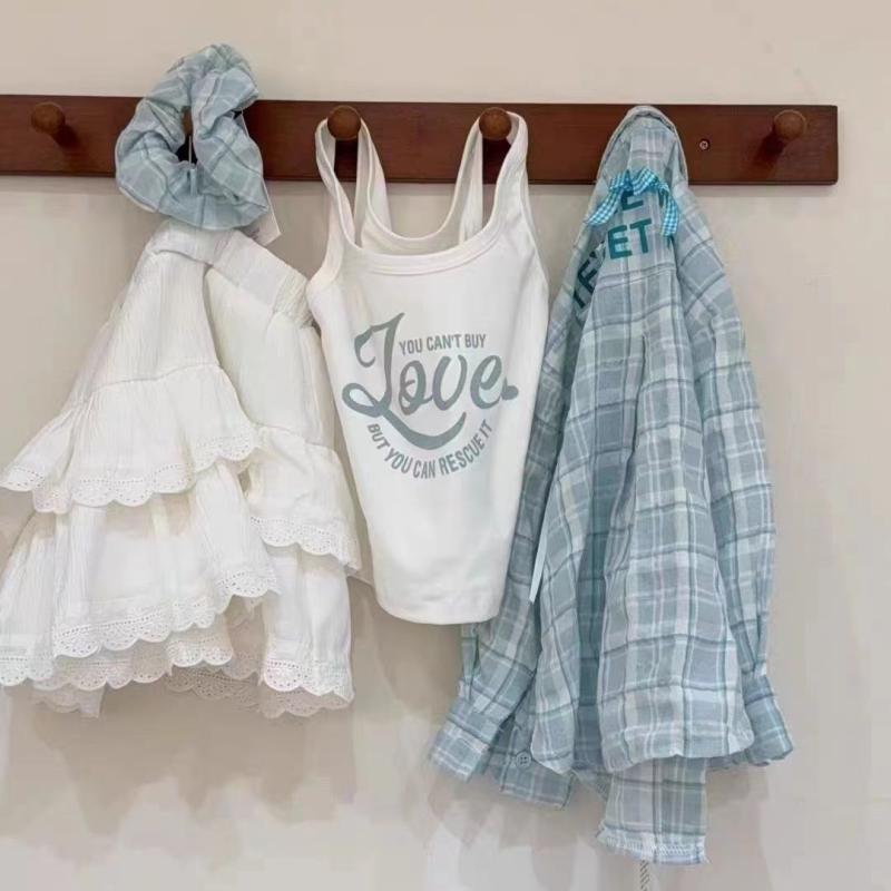 キッズ 女の子 シャツ ブラウス 長袖 チェック柄 トップス スカート セットアップ 3点セット 薄手 普段着 部屋着 春秋 綿