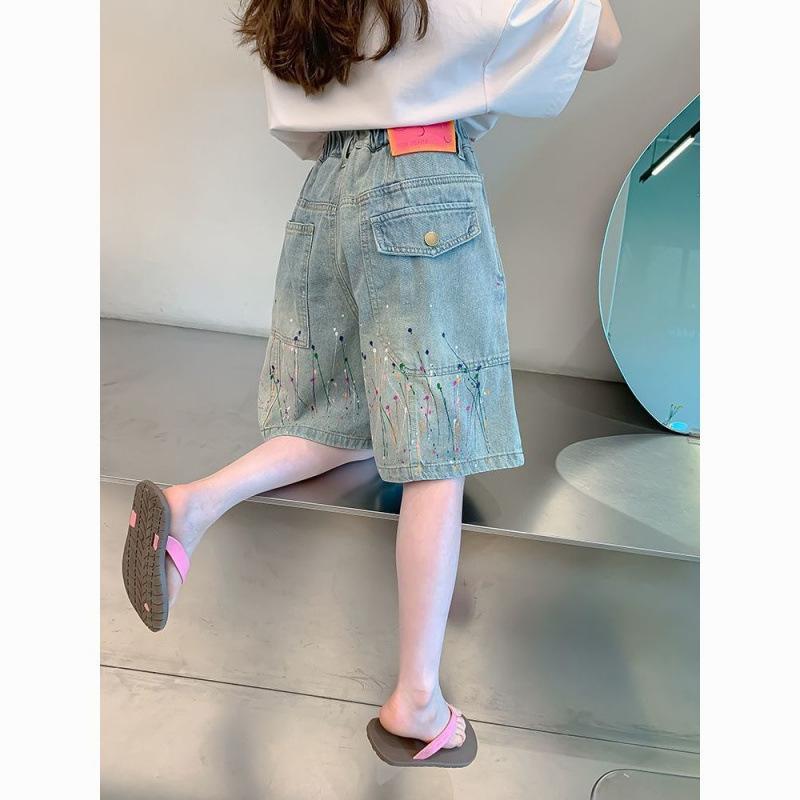 子供服 デニム ハーフパンツ 女の子 ブルー系 プリント 中学生 膝丈 カジュアルパンツ ガールズ