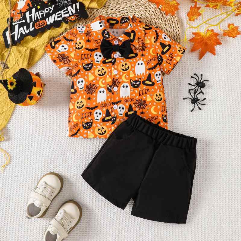 子供用セットアップ ハロウィン 男の子 半袖シャツ 短パン 上下セット ゴーストプリント 伸縮性ウエスト 綿混紡 普段着 部屋着