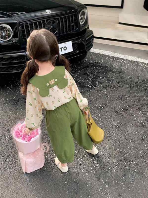 子供服 セットアップ 女の子 春秋 シャツ パンツ 2点セット 長袖 花柄 韓国風 かわいい ガールズ ジュニア 普段着 薄手 綿100%