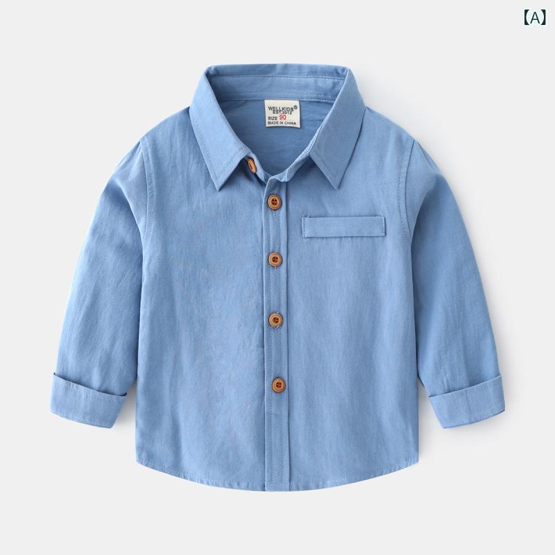 子供服 長袖シャツ 男の子用シャツ 無地シャツ カジュアル トップス 綿 柔らかい デニム ブルー ホワイト 春秋