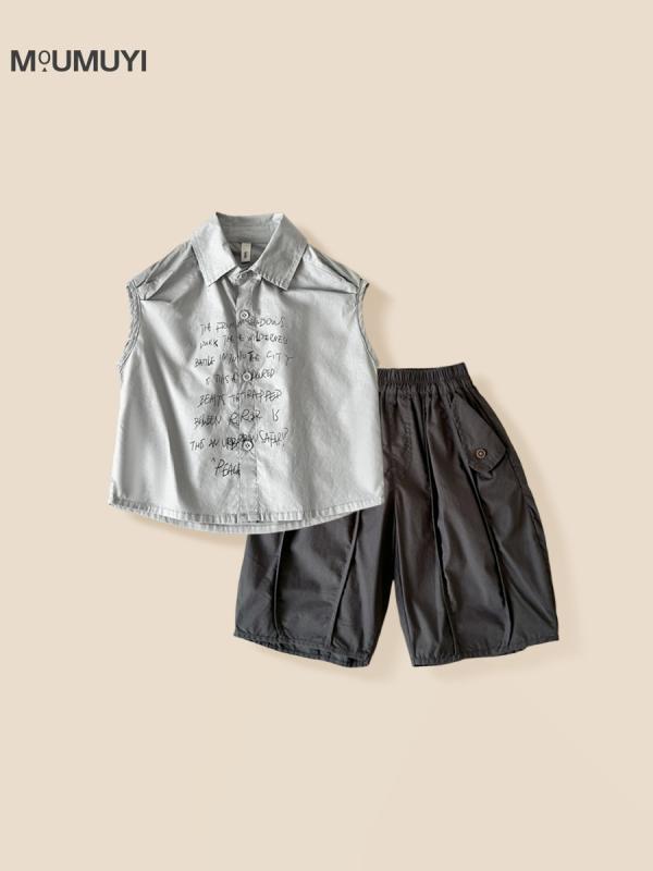 キッズ 夏服 セットアップ 半袖シャツ ハーフパンツ 子供服 男の子 ボーイズ 上下セット 綿100% 普段着 部屋着 グレー 90cm 100cm 110cm 120cm 130cm 140cm