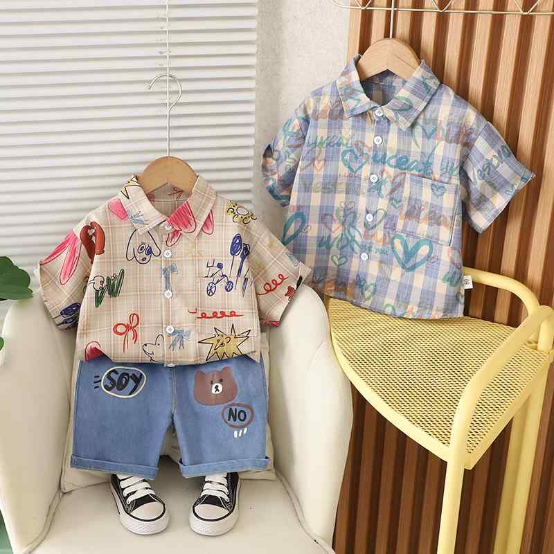 キッズ ベビー服 夏物 上下セット 半袖シャツ ショートパンツ 幼児 チェック柄 かわいい 薄手 2点セット ブルー系 カーキ